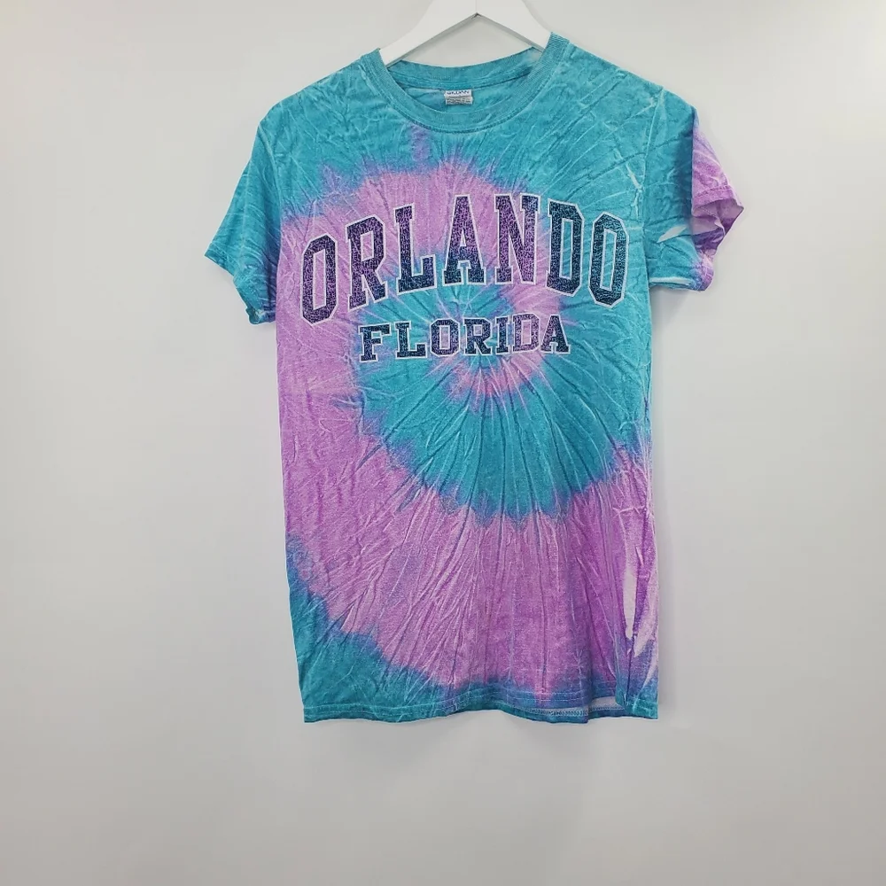 Orlando Florida Tie Dye Graphic Tee Shirt Worn Vintage Style Blue Purple - Picture 1 of 5